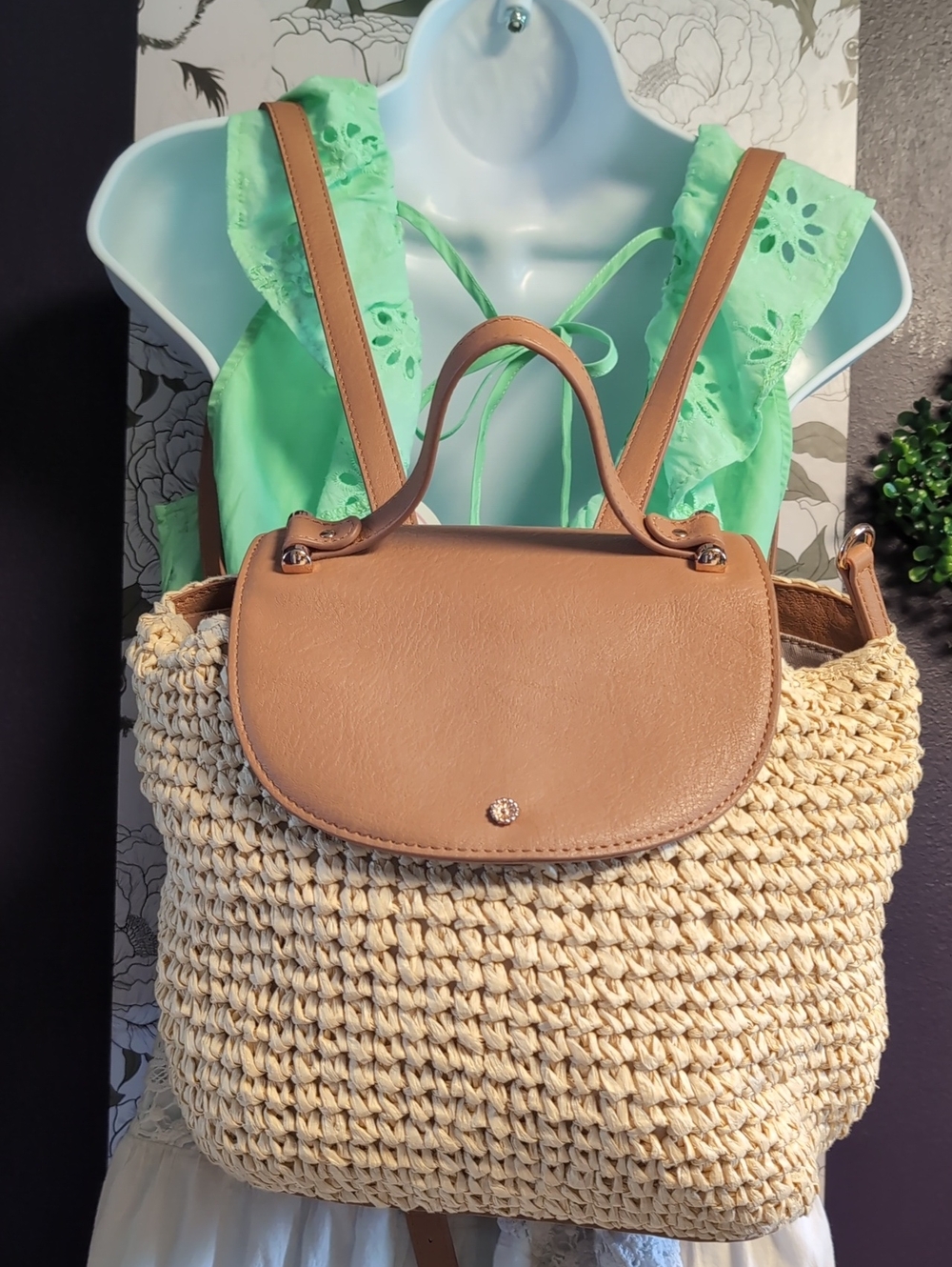 Top Handle Woven Backpack In Camel & Cashew With Rose Gold Details By LC - Picture 2 of 15